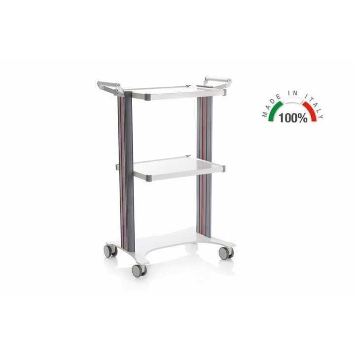 Monipuolinen terveydenhuollon apuvaunu säädettävillä hyllyillä ja värillisillä nauhoilla