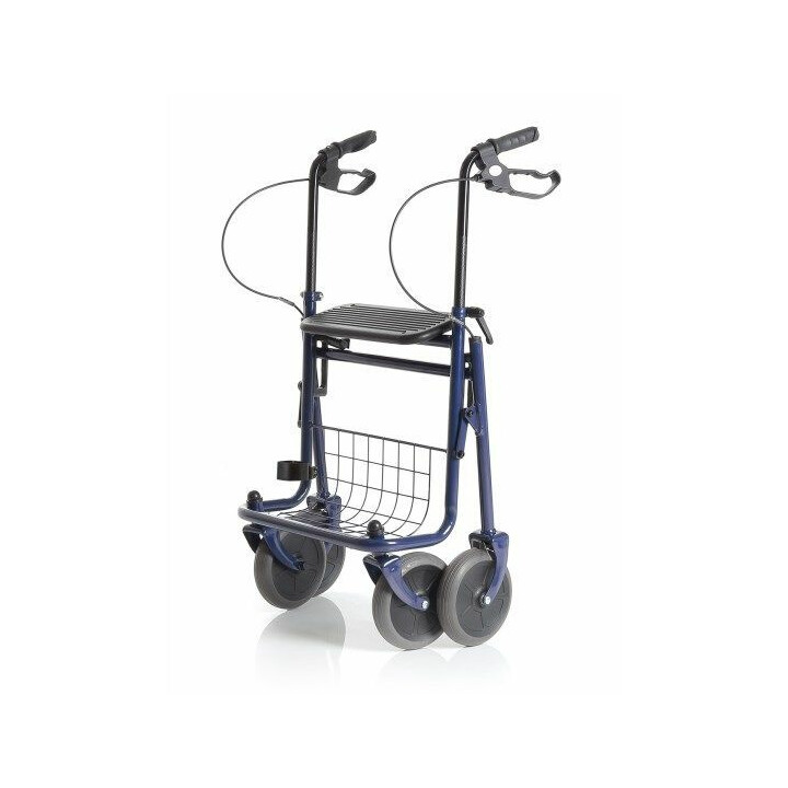 Tukeva rollaattori säädettävillä kahvoilla, istuimella ja korilla
