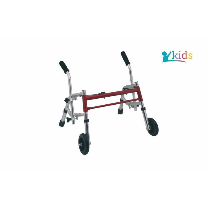 Lasten punainen kävelyteline säädettävällä korkeudella ja taitettavalla rakenteella