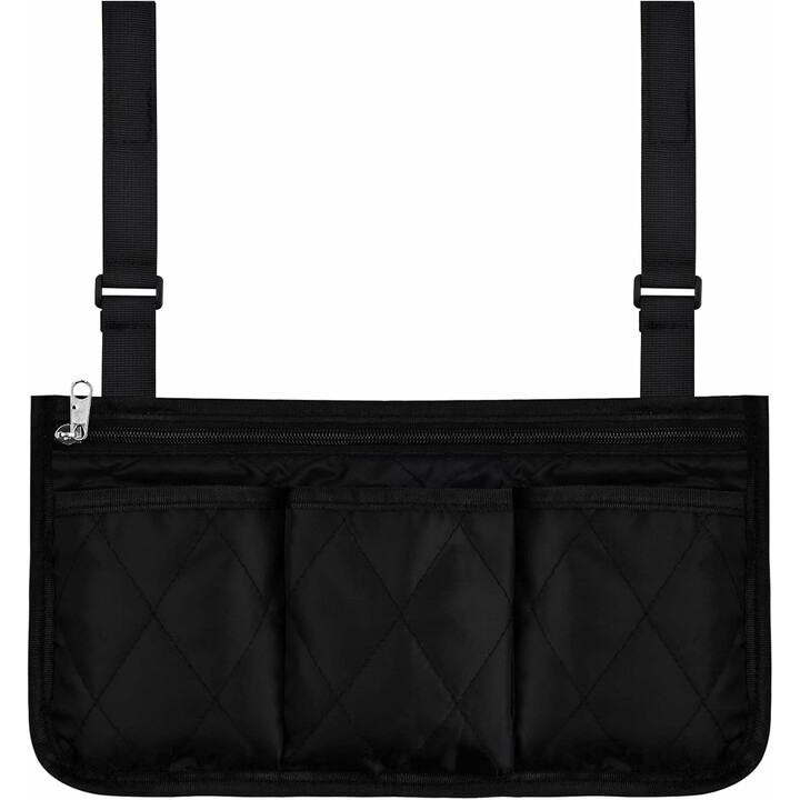 Pyörätuolin säilytyslaukku useilla taskuilla ja säädettävällä kiinnityksellä