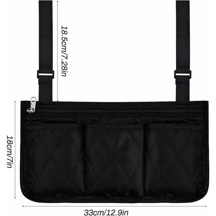 Pyörätuolin säilytyslaukku useilla taskuilla ja säädettävällä kiinnityksellä