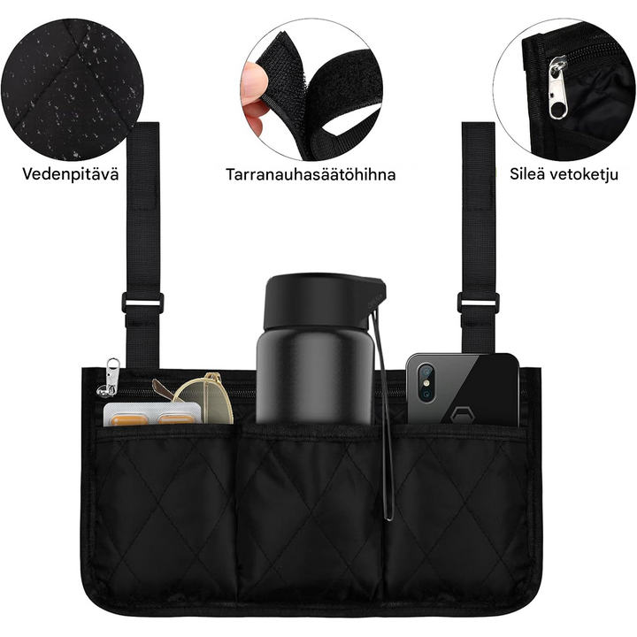 Pyörätuolin säilytyslaukku useilla taskuilla ja säädettävällä kiinnityksellä