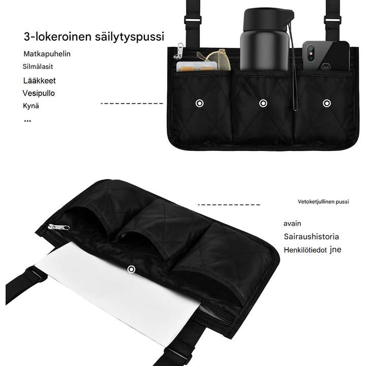 Pyörätuolin säilytyslaukku useilla taskuilla ja säädettävällä kiinnityksellä