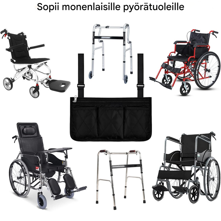 Pyörätuolin säilytyslaukku useilla taskuilla ja säädettävällä kiinnityksellä