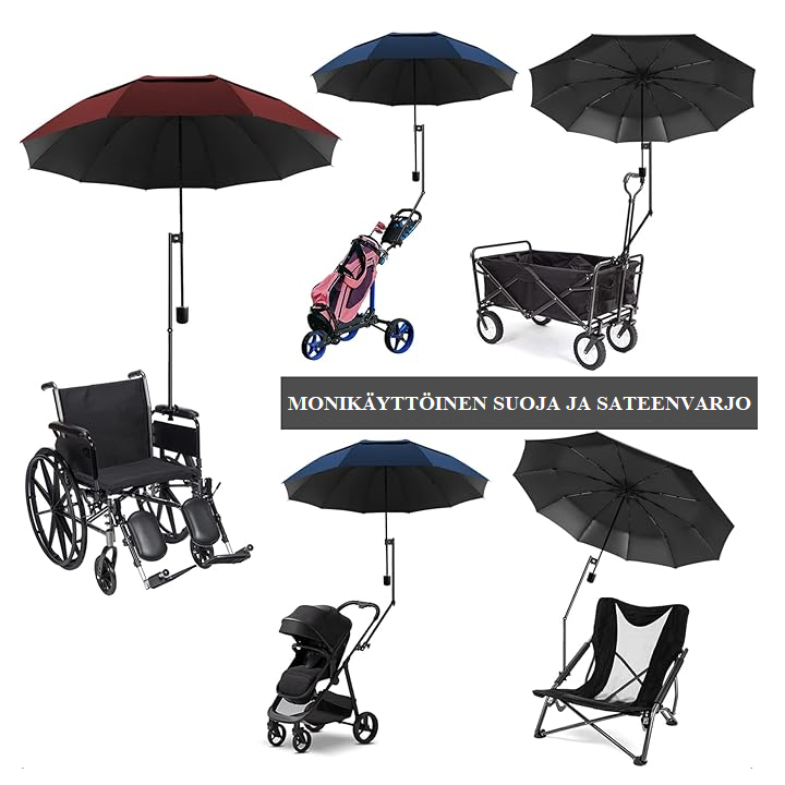 Kiinnitettävä, kevyt pyörätuolin ja rollaattorin sateenvarjo auringon, sateen ja lumen suojaksi