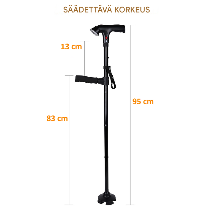 Kävelykeppi, jossa LED-valo, hälytys ja nelipäinen turvallinen pohja