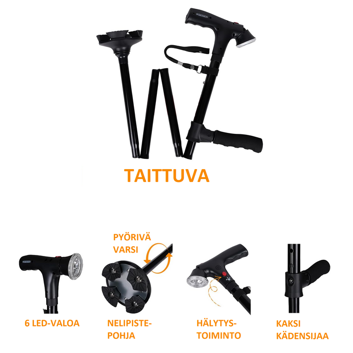 Kävelykeppi, jossa LED-valo, hälytys ja nelipäinen turvallinen pohja