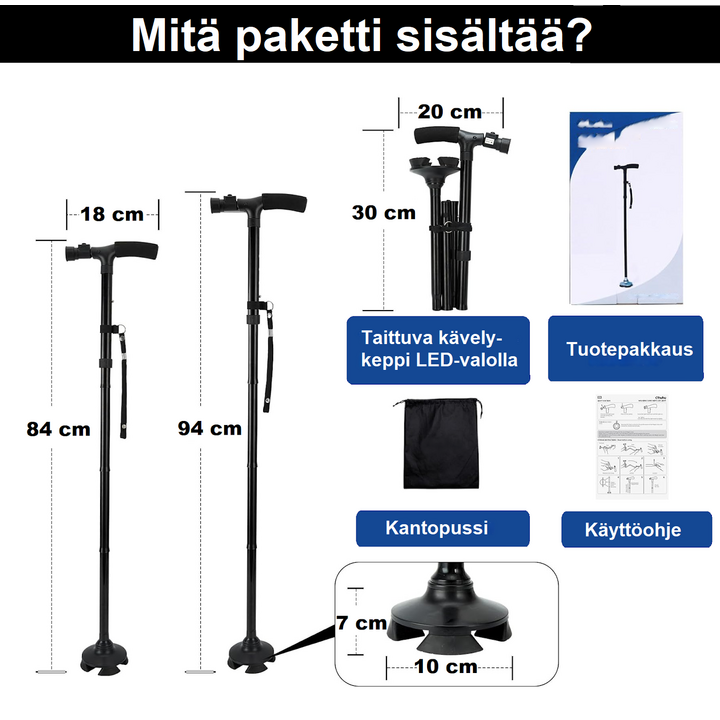 Taitettava kävelykeppi LED-valolla ja hälytyksellä