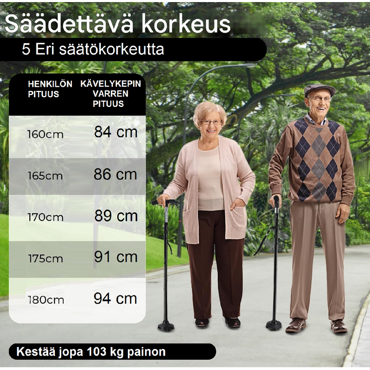 Taitettava kävelykeppi LED-valolla ja hälytyksellä