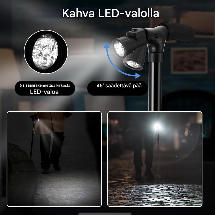 Taitettava kävelykeppi LED-valolla ja hälytyksellä