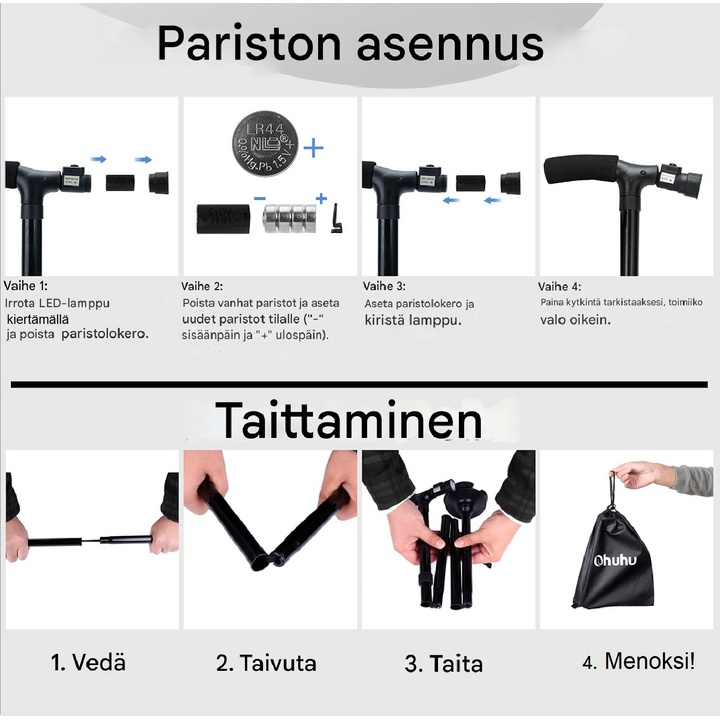 Taitettava kävelykeppi LED-valolla ja hälytyksellä