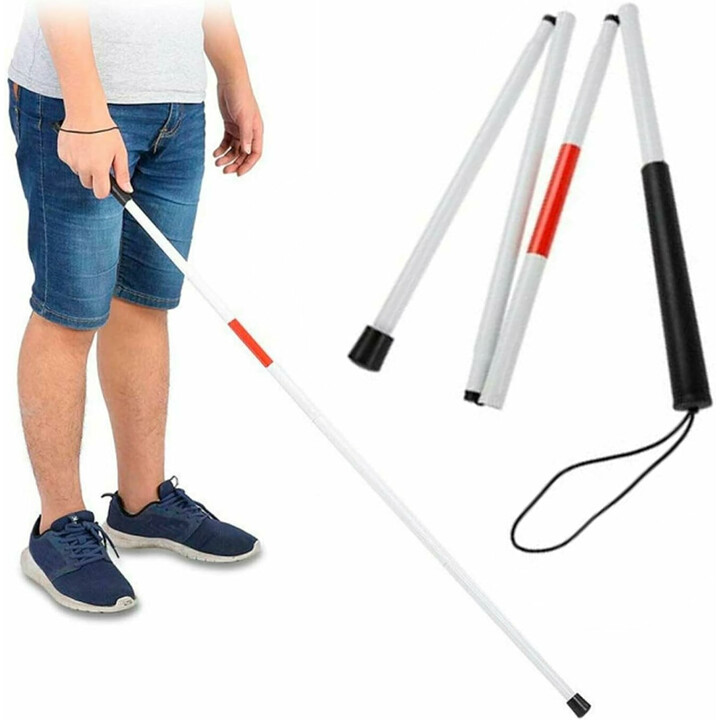 Valkoinen, heijastava kävelykeppi heikkonäköisille, taitettava