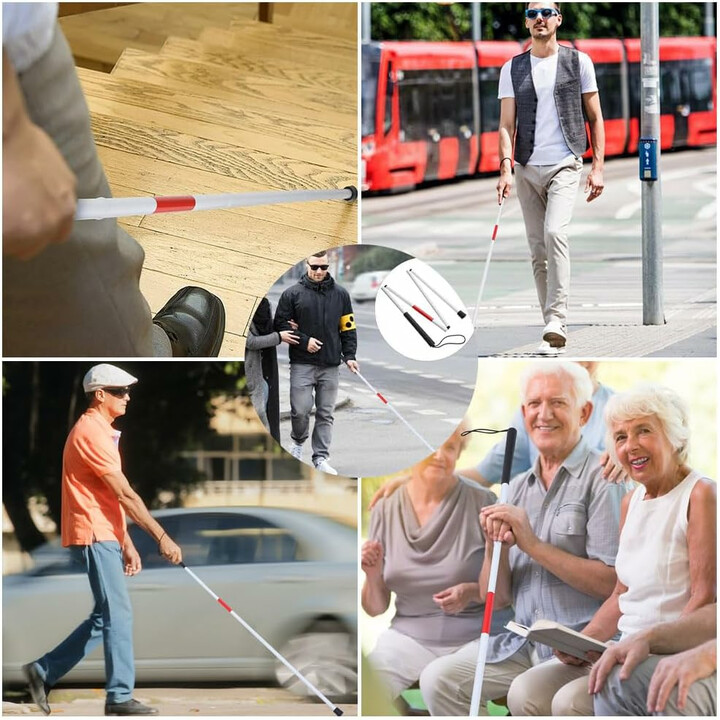 Valkoinen, heijastava kävelykeppi heikkonäköisille, taitettava