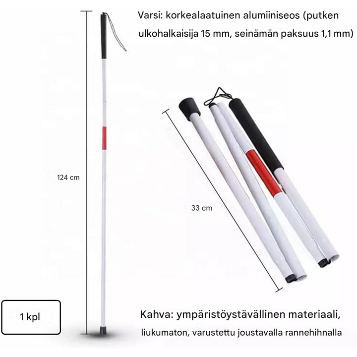 Valkoinen, heijastava kävelykeppi heikkonäköisille, taitettava