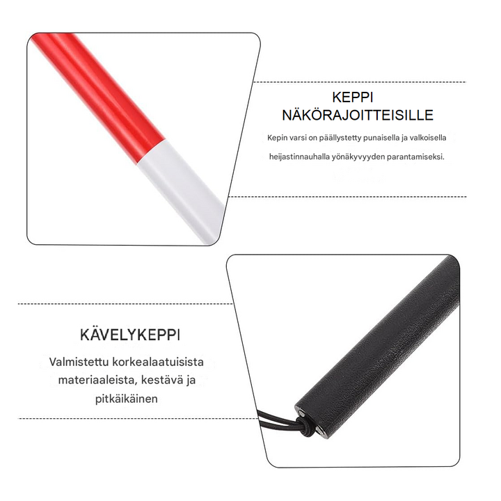 Valkoinen, heijastava kävelykeppi heikkonäköisille, taitettava
