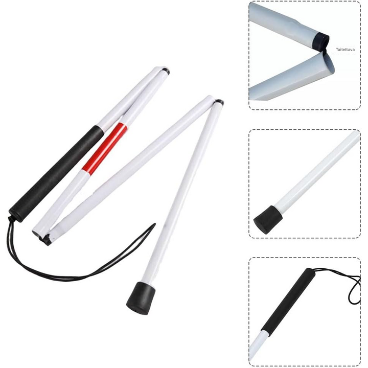 Valkoinen, heijastava kävelykeppi heikkonäköisille, taitettava