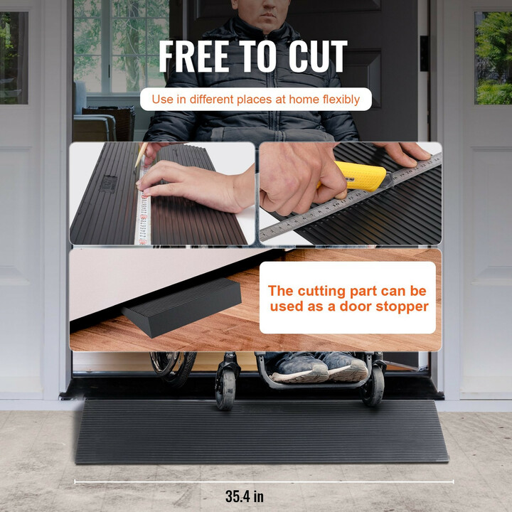 Leikattava kynnysluiska 3 cm, 90 x 20 cm täyskumi, luistamaton luiska pyörätuolille ja siivousrobotille, D001