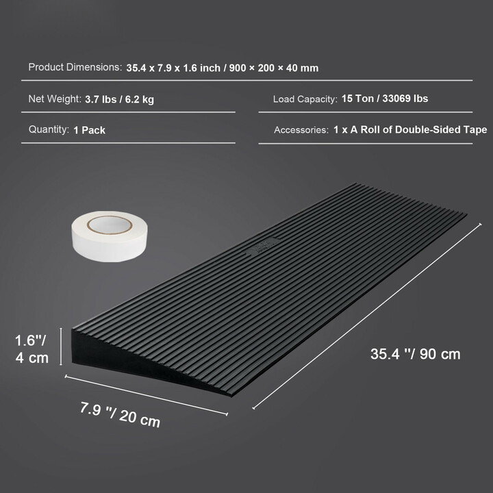 Luonnonkumi kynnysluiska 90 x 20 x 4 cm, leikattava, liukuestepinta, kaksipuolinen teippi, max 15 tonnia