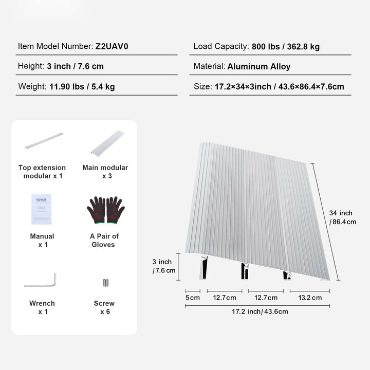 Alumiininen kynnysramppi 3 cm, kantavuus 362,8 kg, modulaarinen, pyörätuoleille ja skoottereille