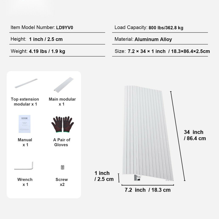Alumiininen kynnysramppi 2,5 cm kynnykselle 363 kg kantavuus pyörätuoleille ja skoottereille modulaarinen LD9YV0