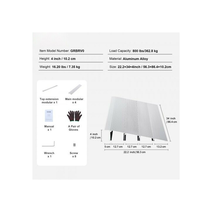 Kynnysramppi 4 cm, kantavuus 362,8 kg, säädettävä modulaarinen alumiiniramppi pyörätuoleille ja skoottereille