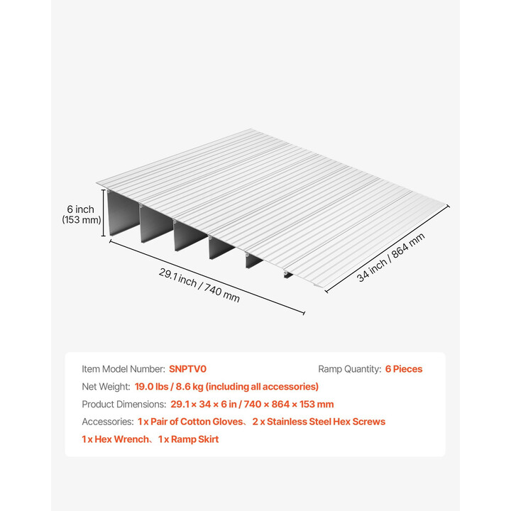 Kynnyssilta 138 mm nousulle pyörätuolille 363 kg 6-osainen alumiiniramppi SNPTV0