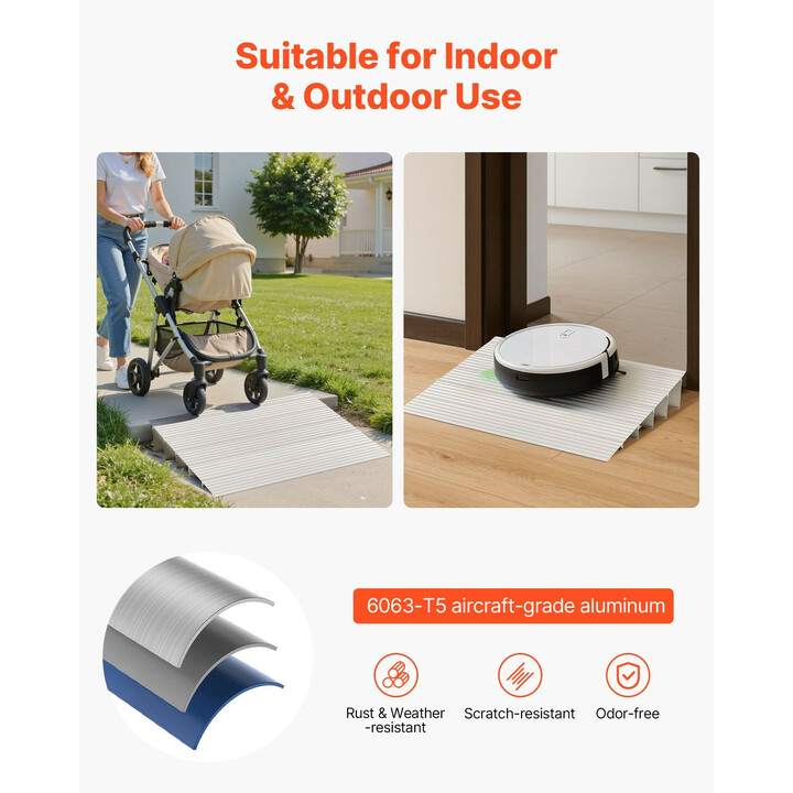 Alumiininen kynnyssilta 138 mm kynnykselle, 363 kg kantavuus, 5-osainen ramppi pyörätuoleille ja rollaattoreille