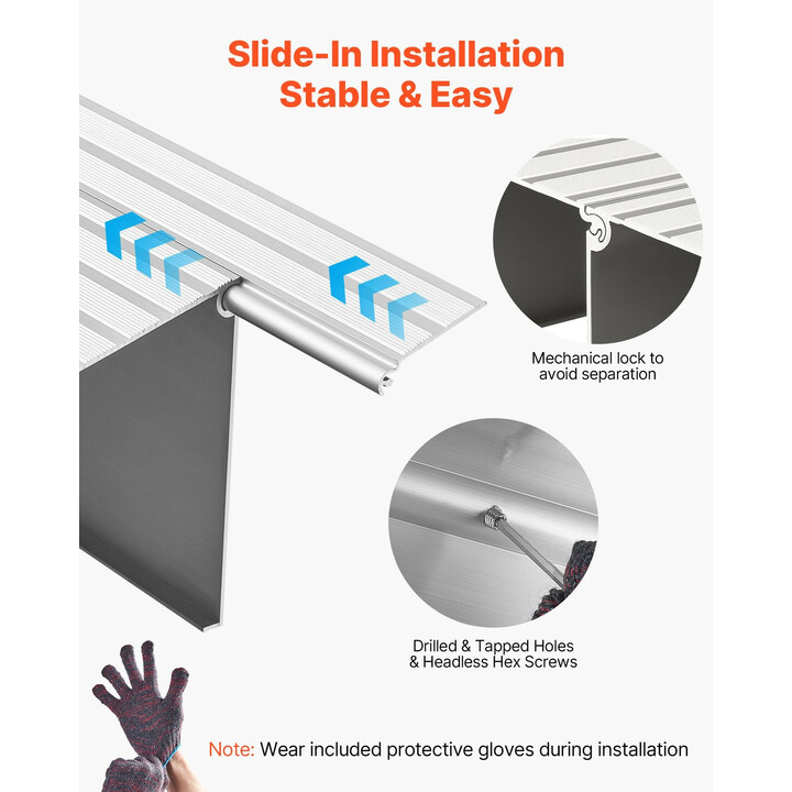 Alumiininen kynnyssilta 138 mm kynnykselle, 363 kg kantavuus, 5-osainen ramppi pyörätuoleille ja rollaattoreille