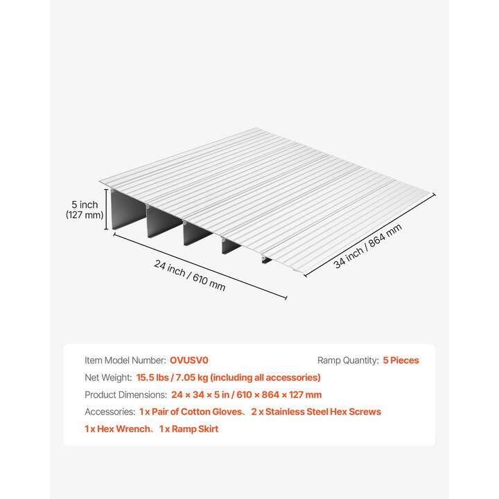 Alumiininen kynnyssilta 138 mm kynnykselle, 363 kg kantavuus, 5-osainen ramppi pyörätuoleille ja rollaattoreille