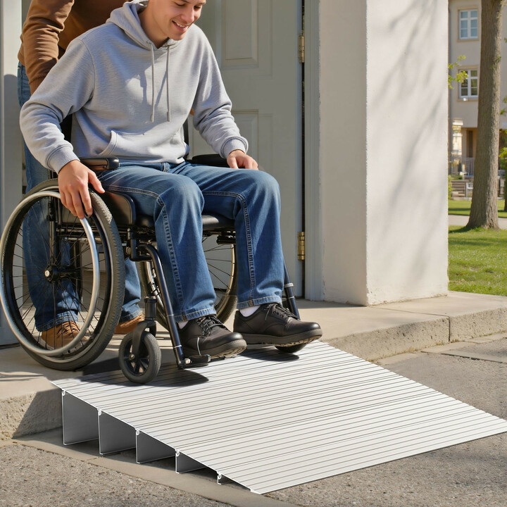 Alumiininen kynnyssilta 138 mm kynnykselle, 363 kg kantavuus, 5-osainen ramppi pyörätuoleille ja rollaattoreille