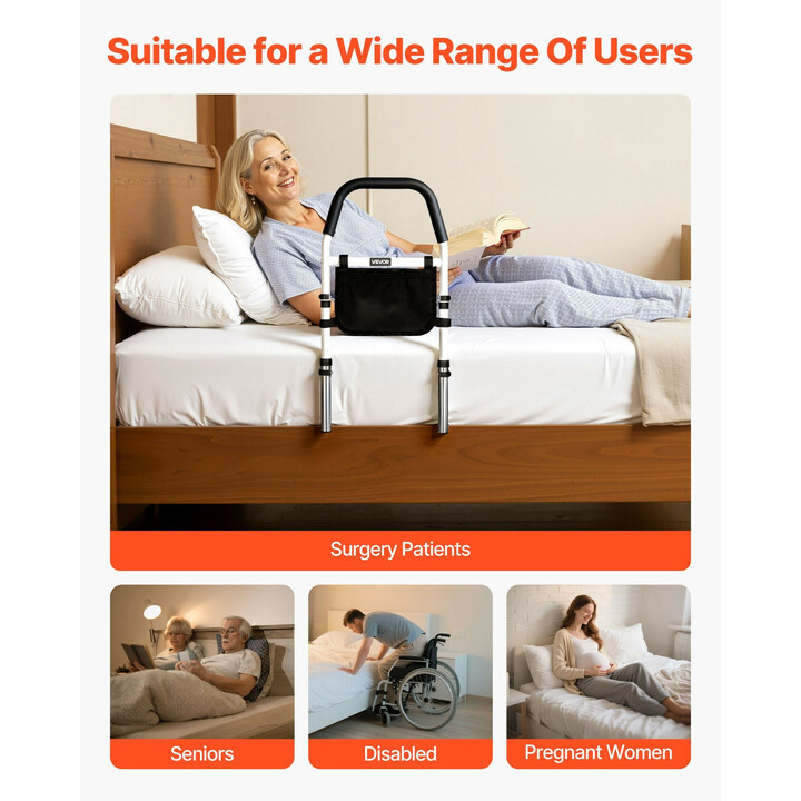 Säädettävä sängynlaita iäkkäille, hiiliteräsrunko, PU-kahva, kantavuus 136 kg