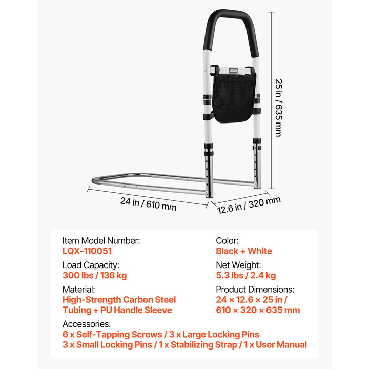 Säädettävä sängynlaita iäkkäille, hiiliteräsrunko, PU-kahva, kantavuus 136 kg