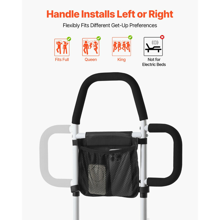 Säädettävä sängynlaita aikuisille, hiiliteräs, PU-kahva, max 136 kg, sopii king, queen, full ja twin -sängyille