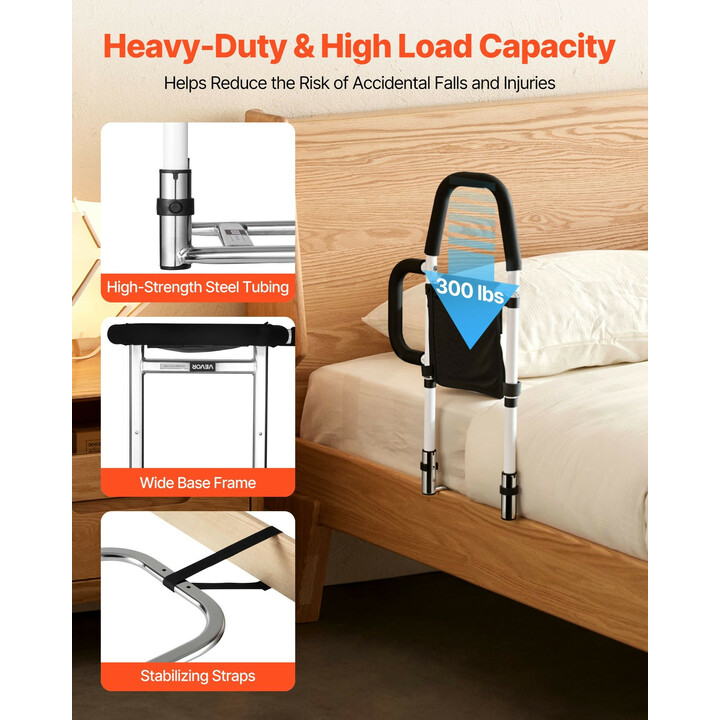 Säädettävä sängynlaita aikuisille, hiiliteräs, PU-kahva, max 136 kg, sopii king, queen, full ja twin -sängyille