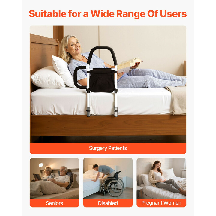 Säädettävä sängynlaita aikuisille, hiiliteräs, PU-kahva, max 136 kg, sopii king, queen, full ja twin -sängyille