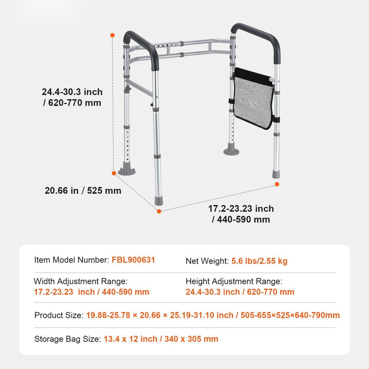 WC-turvakaide, taittuva alumiiniseos, säädettävä korkeus ja leveys, liukuestojalat, max 300 lb, sopii senioreille ja toipilaille