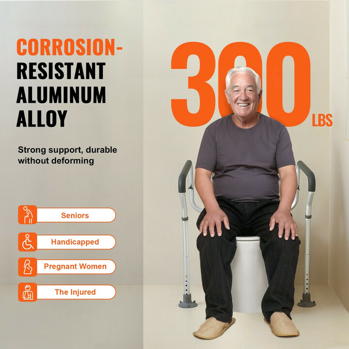 WC-turvakaide FBL900632, säädettävä leveys 450–550 mm ja korkeus 670–770 mm, alumiinia, max 136 kg, pehmustetut käsinojat