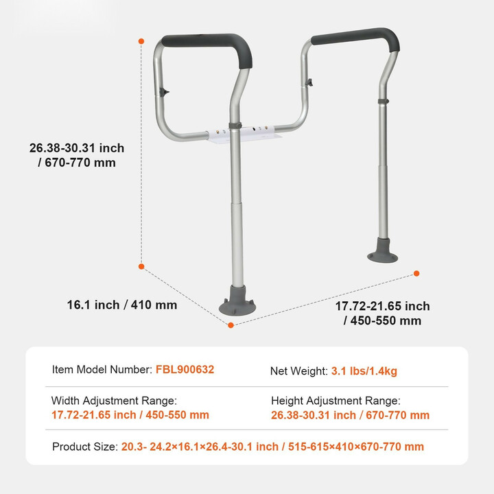 WC-turvakaide FBL900632, säädettävä leveys 450–550 mm ja korkeus 670–770 mm, alumiinia, max 136 kg, pehmustetut käsinojat