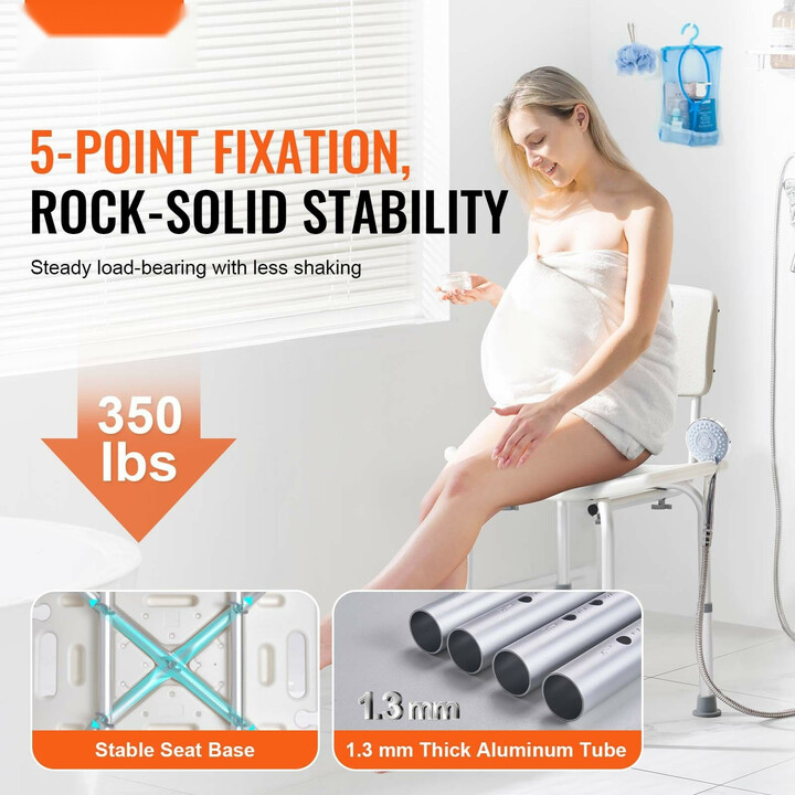 Suihkutuoli selkänojalla, säädettävä korkeus, liukuestepädit, alumiini+PE, enimmäiskuormitus 158,8 kg