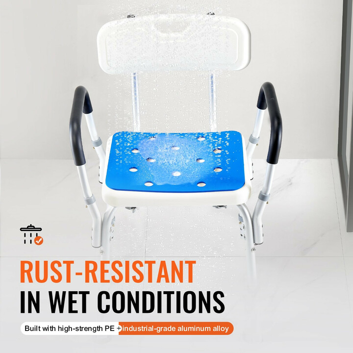 Säädettävä suihkutuoli selkänojalla ja käsinojilla, alumiinirunko, malli 402B