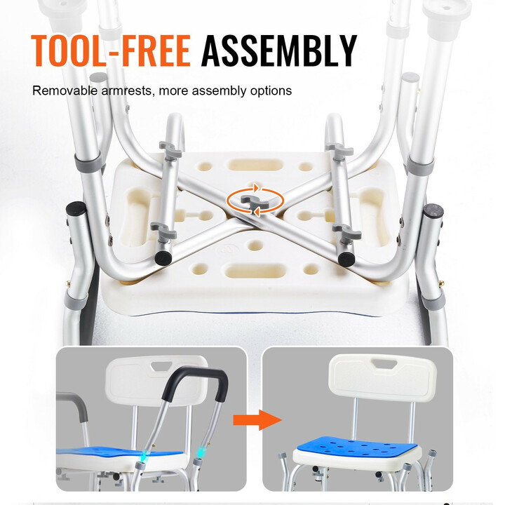 Säädettävä suihkutuoli selkänojalla ja käsinojilla, alumiinirunko, malli 402B