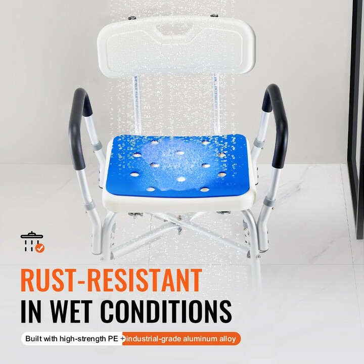 Suihkutuoli 402B säädettävä alumiinirunko pehmustettu istuin käsinojilla ja selkänojalla ikääntyneille ja liikuntarajoitteisille