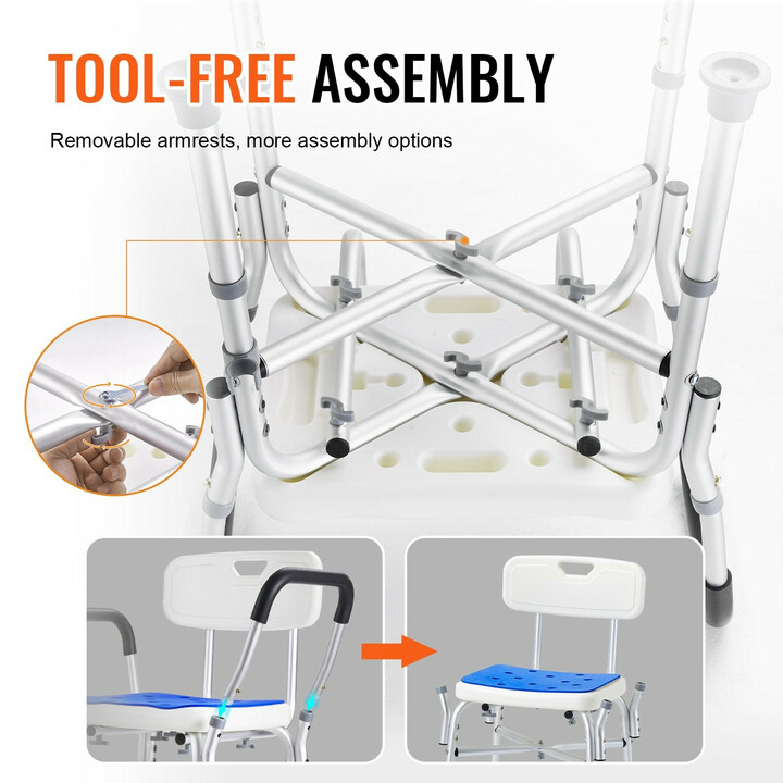 Suihkutuoli 402B säädettävä alumiinirunko pehmustettu istuin käsinojilla ja selkänojalla ikääntyneille ja liikuntarajoitteisille