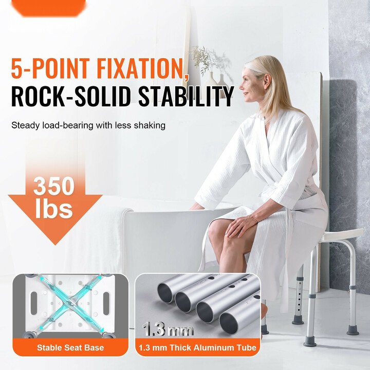 Säädettävä suihkujakkara liukuestetassuilla ja kahvoilla, alumiinirunko ja PE-istuin, malli 202D