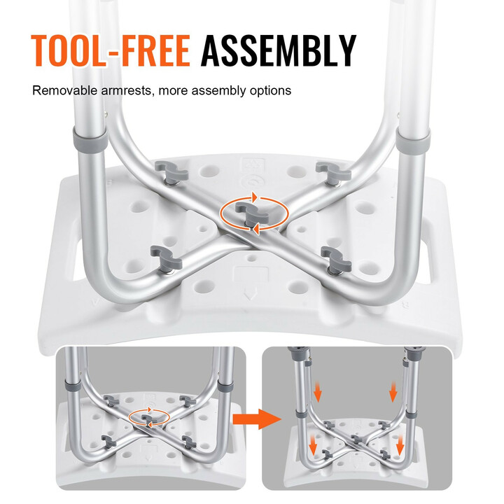 Säädettävä suihkujakkara liukuestetassuilla ja kahvoilla, alumiinirunko ja PE-istuin, malli 202D