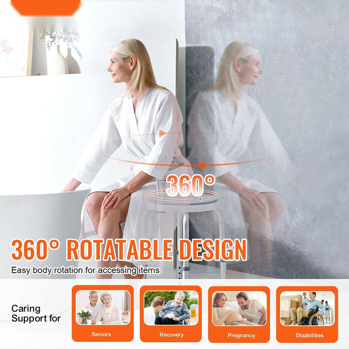 Suihkujakkara 360° kääntyvä, säädettävä korkeus 360–485 mm, liukuestetassut, alumiini + PP, max 136,1 kg