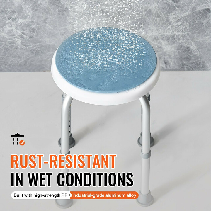 Suihkujakkara 360° kääntyvä, säädettävä korkeus 360–485 mm, liukuestetassut, alumiini + PP, max 136,1 kg