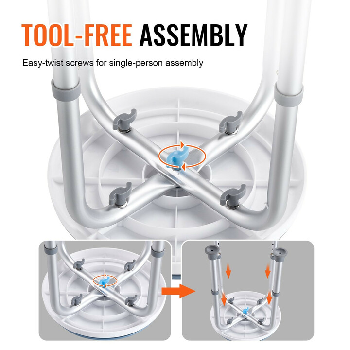 Suihkujakkara 360° kääntyvä, säädettävä korkeus 360–485 mm, liukuestetassut, alumiini + PP, max 136,1 kg
