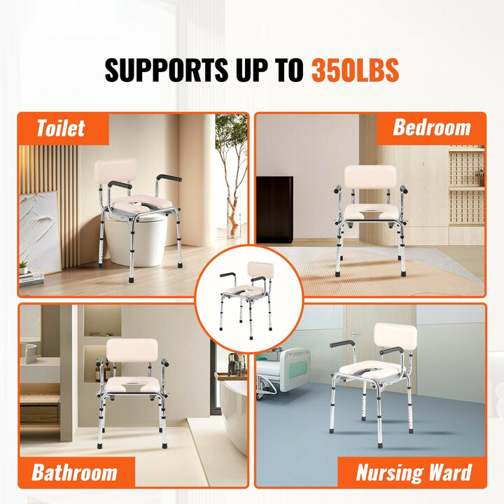 Säädettävä WC-tuoli selkänojalla ja pehmustetulla istuimella, teräsrunko, 7-portainen korkeussäätö, 158,8 kg kantavuus