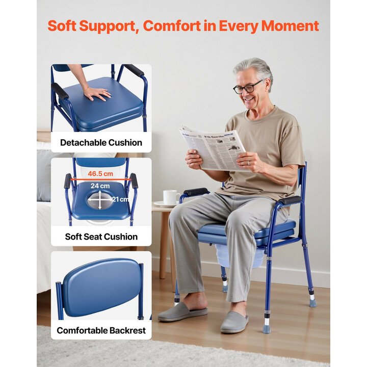 Yöpöytävessa 3-in-1 säädettävä pehmustetulla istuimella ja selkänojalla 5 l irrotettava ämpäri 181 kg kantavuus senioreille